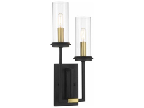 Minka Lavery Hillstone 2-Light Sand Coal Soft Brass Black Glass Wall Sconce