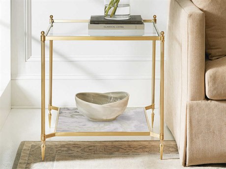 Modern History Home Rectangular Glass Satin Brass Lacquered Plated End Table