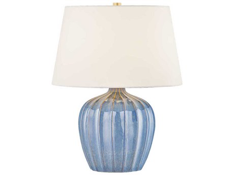 Mitzi Myla Aged Brass Ceramic Spring Lake White Linen Fabric Blue Table Lamp