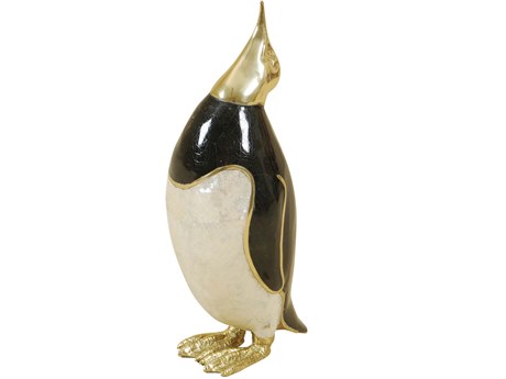 Maitland Smith Polished Cast Brass / Black / Mother of Pearl Penny Penguin Sculpture