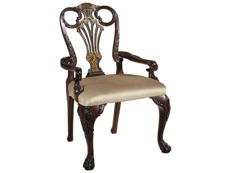 Maitland Smith William Mahogany Wood Brown Upholstered Arm Dining Chair