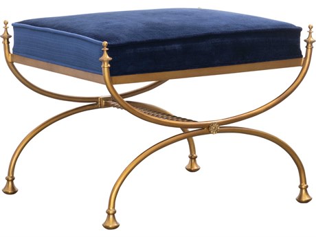 Maitland Smith Royal Blue Classic Brass Velvet Upholstered Accent Bench