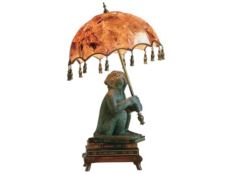 Maitland Smith Parasol Monkey Verdigris Bronze Patina Penshell Inlaid Buffet Lamp