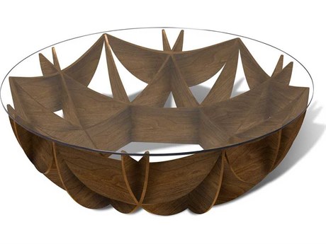 Maitland Smith Honeycomb Round Glass American Walnut Cocktail Table