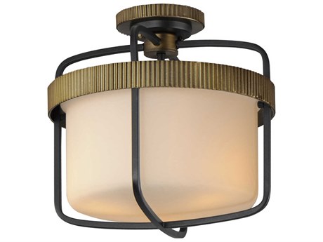 Maxim Lighting Ruffles 3-Light Black Antique Brass Glass Drum Semi Flush Mount