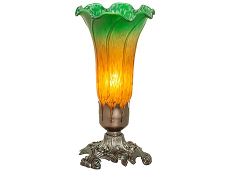 Meyda Pond Lily Mahogany Bronze Table Lamp with Amber Glass Green Shade