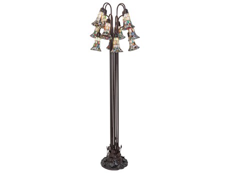 Meyda Stained Glass Pond Lily Mahogany Bronze Blue White Red Pink Purple Tiffany Floor Lamp with Shade