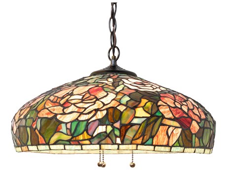Meyda Peony 3-Light Mahogany Bronze Glass Tiffany Dome Pendant