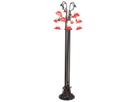 Meyda Pond Lily Mahogany Bronze Seafoam Cranberry Glass Tiffany Floor Lamp with Shade