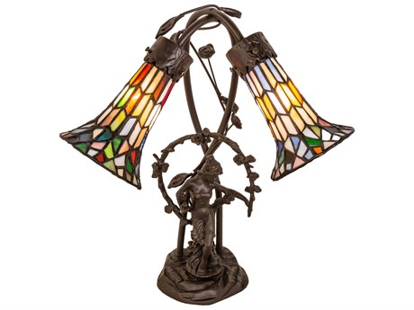 Meyda Stained Glass Pond Lily Mahogany Bronze Tiffany Table Lamp