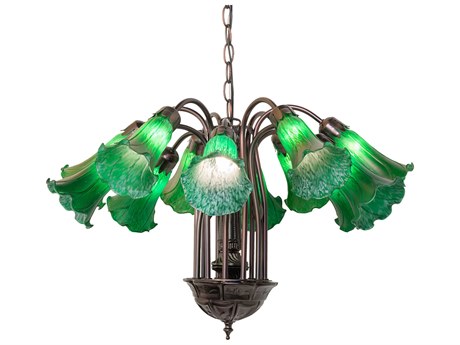 Meyda Pond Lily 12-Light Mahogany Bronze Green Glass Bell Chandelier