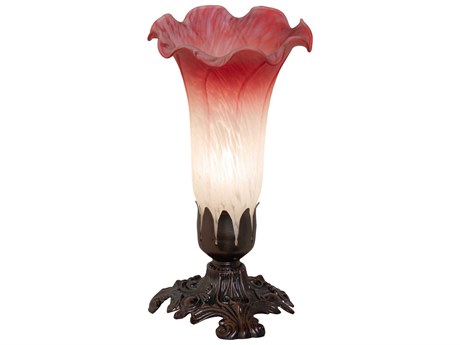 Meyda Pond Lily Mahogany Bronze Ruby White Glass Table Lamp with Pink Shade