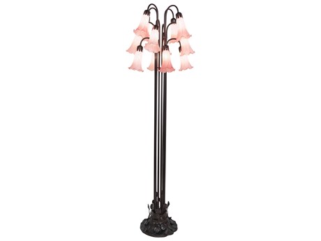Meyda Pond Lily Mahogany Bronze Pink Glass Floor Lamp with Shade