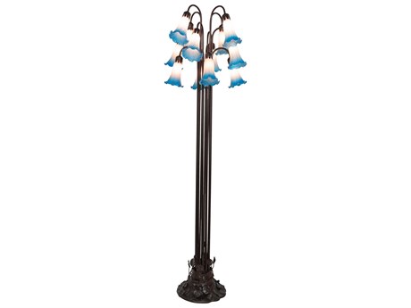 Meyda Pond Lily Mahogany Bronze Pink Blue Glass Floor Lamp with Shade