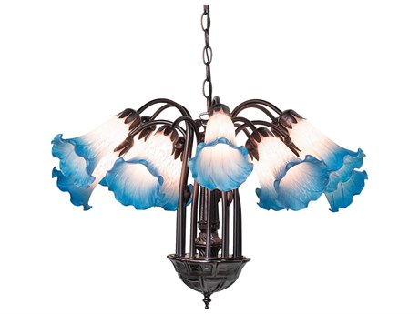 Meyda Pond Lily 12-Light Mahogany Bronze Blue Glass Bell Chandelier