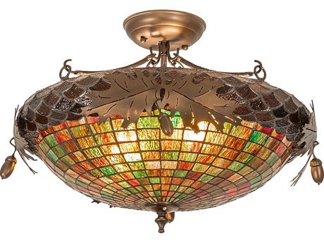 Meyda Greenbriar Oak 2-Light Antique Copper Glass Tiffany Bowl Semi Flush Mount
