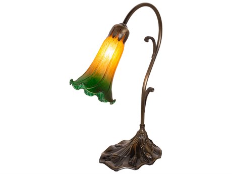 Meyda Pond Lily Antique Brass Table Lamp with Amber Glass Green Shade