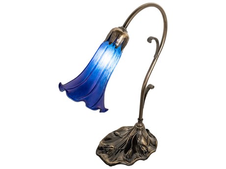 Meyda Pond Lily Antique Brass Glass Table Lamp with Blue Shade