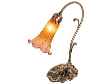 Meyda Pond Lily Antique Brass Table Lamp with Amber Glass Violet Shade