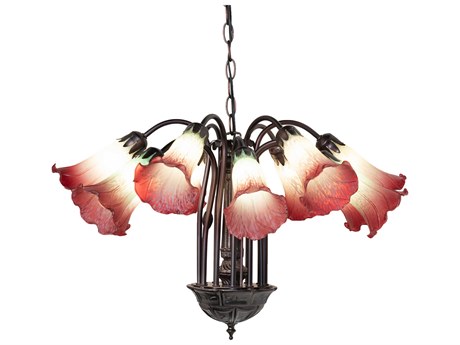 Meyda Pond Lily 12-Light Mahogany Bronze Red Glass Bell Chandelier