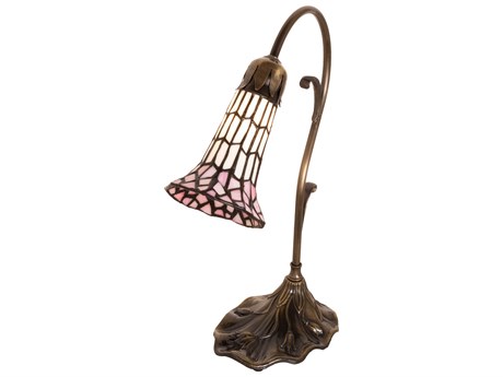 Meyda Pond Lily Antique Brass Glass Tiffany Table Lamp with Pink White Shade