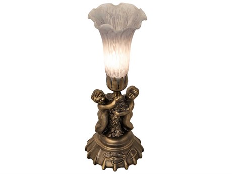 Meyda Pond Lily Grey Antique Brass Glass Table Lamp with Shade