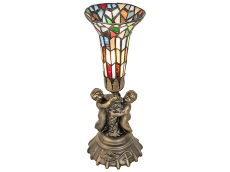 Meyda Pond Lily Antique Brass Glass Tiffany Table Lamp with Ruby Blue White Shade