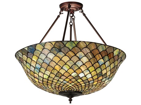 Meyda Fishscale 3-Light Mahogany Bronze Glass Tiffany Bowl Semi Flush Mount