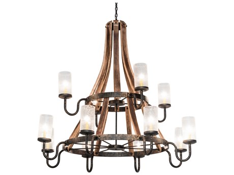 Meyda Barrel Stave 12-Light Natural Wood Crystal Cylinder Chandelier