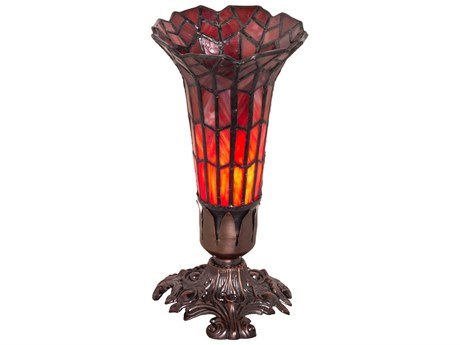 Meyda Pond Lily Mahogany Bronze Glass Tiffany Table Lamp with Ruby Shade