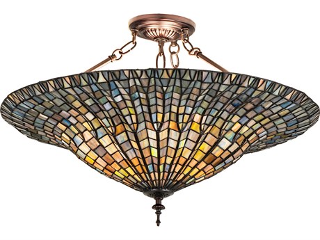 Meyda 3-Light Mahogany Bronze Glass Tiffany Bowl Semi Flush Mount