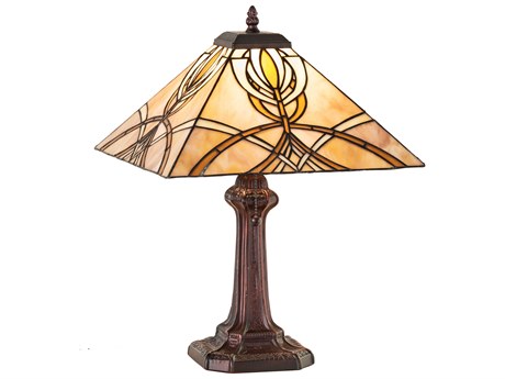Meyda Glasgow Bungalow Mahogany Bronze Glass Tiffany Table Lamp