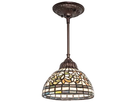 Meyda Tiffany Turning Leaf 1-Light Brass Glass Dome Mini Pendant