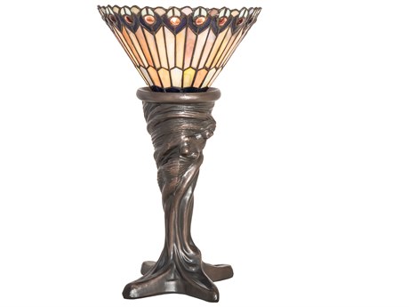 Meyda Tiffany Jeweled Peacock Mahogany Bronze Glass Table Lamp