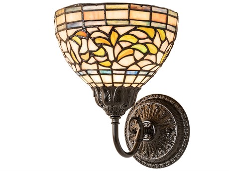 Meyda Tiffany Turning Leaf 1-Light Mahogany Bronze Blue Glass Wall Sconce