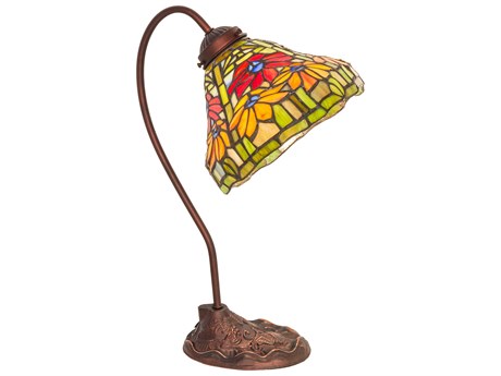 Meyda Poinsettia Mahogany Bronze Glass Tiffany Desk Lamp