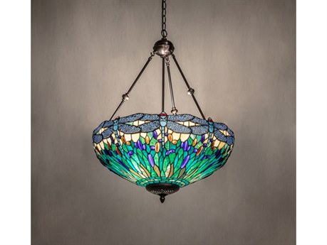 Meyda 3-Light Mahogany Bronze Blue Glass Tiffany Bowl Pendant