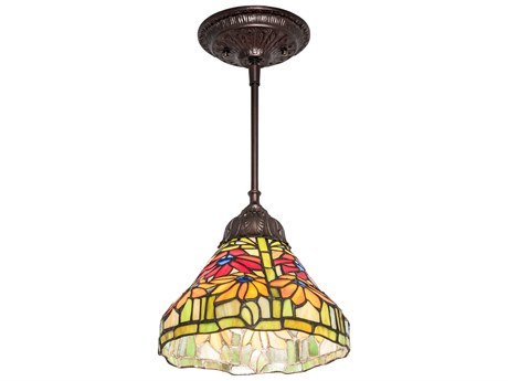 Meyda Poinsettia 1-Light Mahogany Bronze Glass Tiffany Mini Pendant