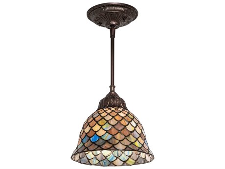 Meyda Tiffany Fishscale 1-Light Mahogany Bronze Glass Bell Mini Pendant