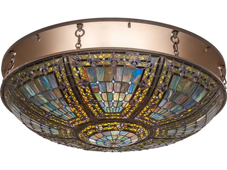 Meyda Fleur-de-lis 8-Light Oil Rubbed Bronze Blue Glass Tiffany Bowl Flush Mount