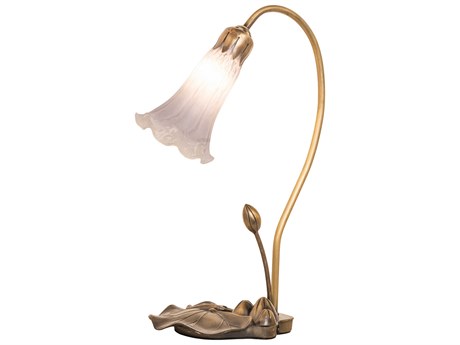Meyda Pond Lily Antique Copper Glass Table Lamp with White Grey Shade
