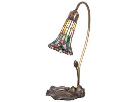 Meyda Pond Lily Antique Copper Glass Tiffany Table Lamp with Ruby Blue White Shade