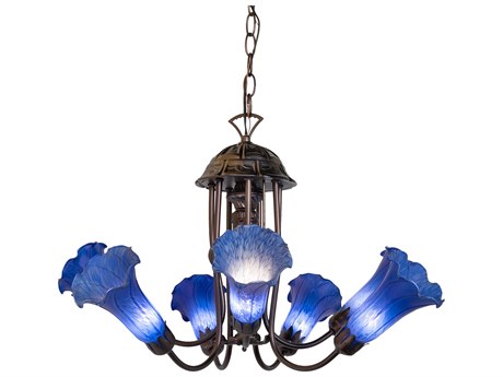 Meyda Pond Lily 7-Light Mahogany Bronze Blue Glass Bell Chandelier