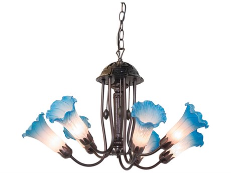 Meyda Pond Lily 7-Light Mahogany Bronze Blue Glass Bell Chandelier