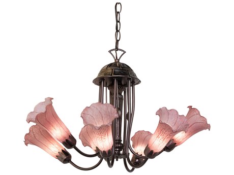 Meyda Pond Lily 7-Light Mahogany Bronze Pink Glass Bell Chandelier