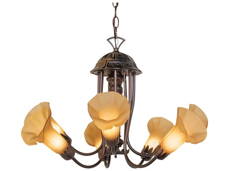 Meyda Pond Lily 7-Light Mahogany Bronze Orange Glass Bell Chandelier