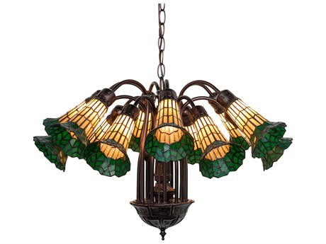 Meyda Stained Glass Pond Lily 12-Light Mahogany Bronze Bell Chandelier