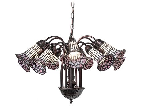 Meyda Stained Glass Pond Lily 12-Light Mahogany Bronze Bell Chandelier