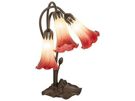 Meyda Pond Lily Mahogany Bronze Tiffany Table Lamp with Cranberry Green Glass Shade