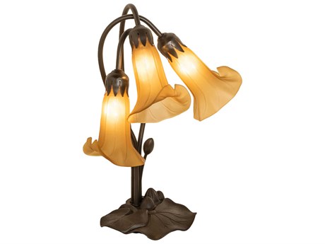 Meyda Pond Lily Mahogany Bronze Tiffany Table Lamp with Amber Glass Shade